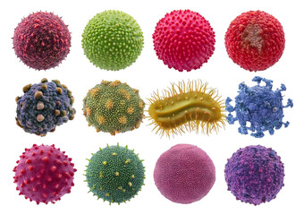 Set of various viruses, microbes and bacteria, isolated on a transparent or white background