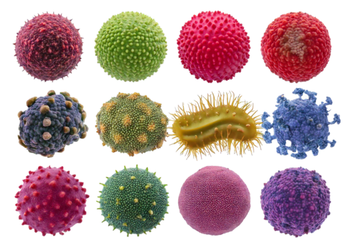 Set of various viruses, microbes and bacteria, isolated on a transparent or white background