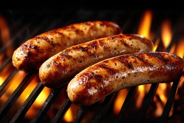 Grilled sausages sizzling over flames on a barbecue grill.