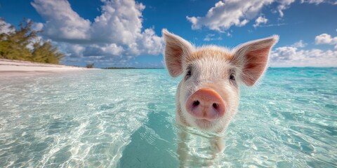 A pig swims in clear turquoise water against a backdrop of clouds and a sandy beach.