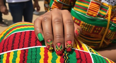 Celebrating culture: Woman showcasing adinkra nail art and kente cloth design