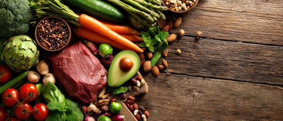Fresh vegetables, nuts, and seeds arranged on a rustic wooden surface.