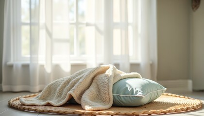 Nursing pillow next to cozy baby blanket on soft rug indoors  