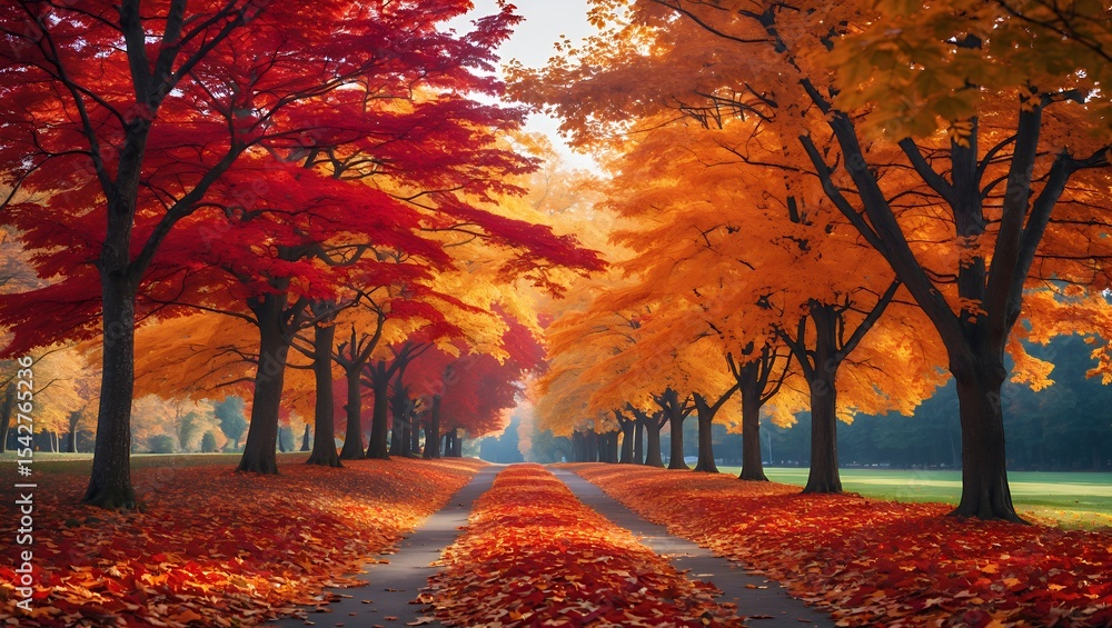 Poster autumn path with colorful leaves and trees landscape scene