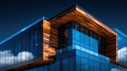 Fototapeta premium Modern glass and wood office building facade