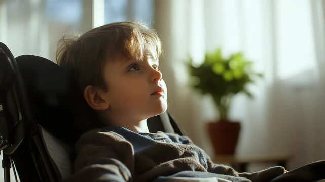 A child sitting in a chair looking out the window