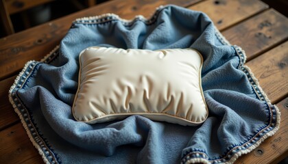Nursing pillow on soft blanket with wooden background  
