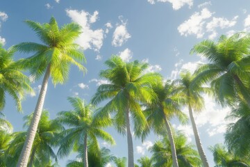 Obraz premium Palm trees sway gently in tropical breeze under bright blue sky with fluffy clouds, Palm trees swaying in the breeze, seamless ing background