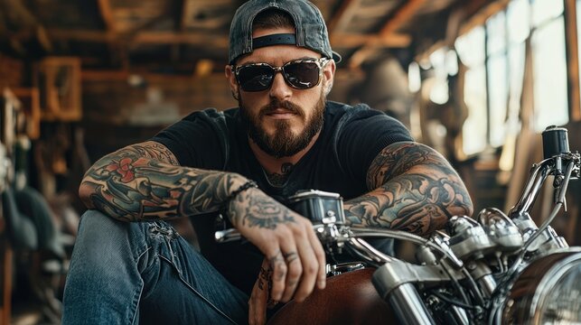 Biker with sleeve tattoos leaning on chopper