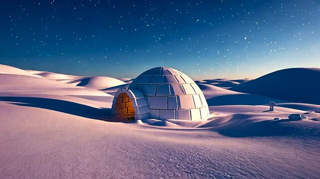 A serene winter landscape featuring a solitary igloo under a starry night sky, surrounded by snow