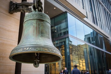 Obraz premium Historic bell ringing outside a contemporary building in a bustling urban setting, Historic Bell Ringing Outside Building