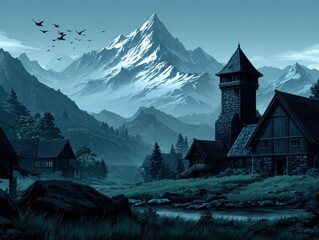 Mountain village at twilight