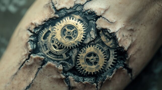 Biomechanical tattoo showing gears under torn skin