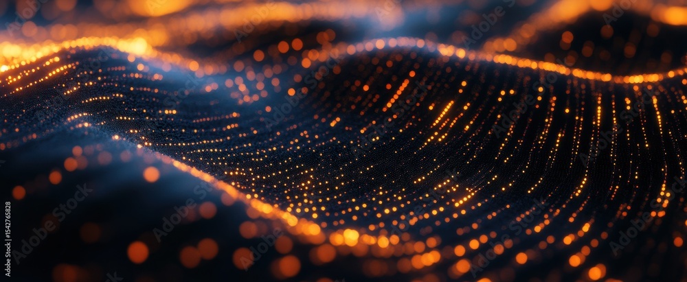 Poster this high-quality image features abstract glowing particles flowing in waves against a dark backgrou