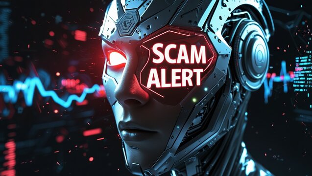 Futuristic robot displaying a 'Scam Alert' message, showcasing advanced technology and caution in a digital landscape. - Powered by Adobe