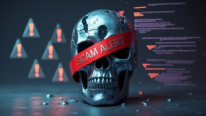 A metallic skull wrapped in a red 'SCAM ALERT' ribbon, against a dark background with warning symbols and code snippets.