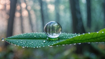 Glass Sphere Resting on Dewy Leaf Reflecting a Forest Scene