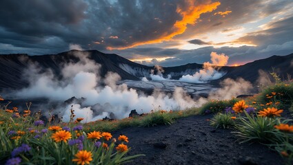 Volcanic Landscape with Steam and Flowers at Dusk Tranquil Nature