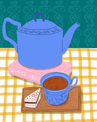 Watercolor gouache Still life illustration of tea pot and tea with book, tea-time scene. Posters of cafe wall decor, kitchen art.