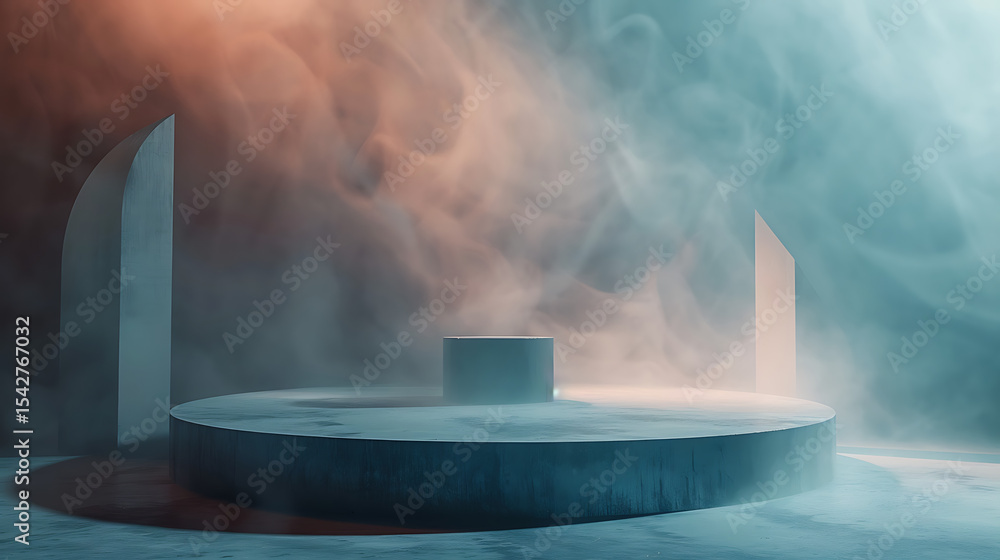 Aufkleber a minimalist stage with geometric shapes is bathed in smoke and light creating an abstract and moder