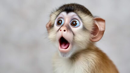 Young monkey with wide-open eyes and mouth, displaying surprise and curiosity, against a soft blurred background, capturing the playful and expressive nature of wildlife in a vibrant moment