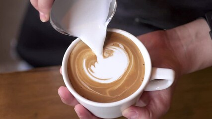 Barista Latte Art on Coffee Cup – Close-Up of Coffee Foam Design, Barista Preparing Coffee – Close-Up of Coffee Cup and Espresso Machine - Powered by Adobe