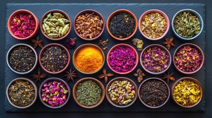 Assorted dried herbs and teas in small bowls on dark slate