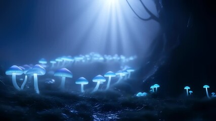 Glowing bioluminescent mushrooms in sunlit forest - Powered by Adobe