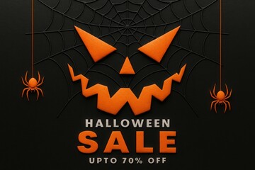 Halloween Sale Promotion with Jack O Lantern Face on Spiderweb Background Up to 70 Percent Off Seasonal Discount Offer