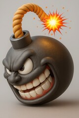 Cartoon Bomb with Angry Face and Lit Fuse on a Plain Background Conveying Humor and Impending Explosion in Animated Style