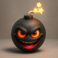Cartoon Bomb with Glowing Eyes and Stars Fuse on a Neutral Background Depicting Mischief and Explosive Personality