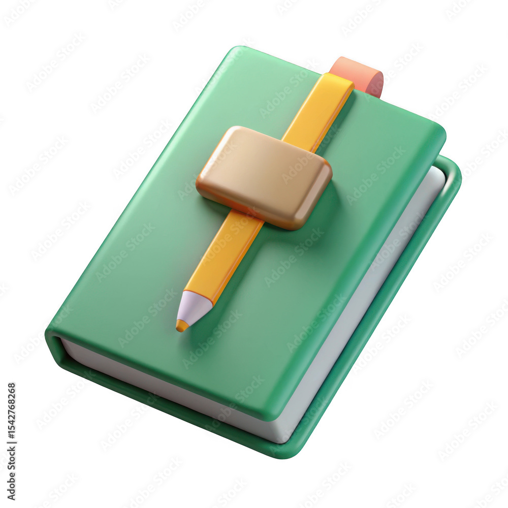 Poster 3d green notebook with pencil render on transparent background