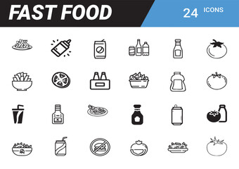 Fast Food Icon Set: A comprehensive array of 24 meticulously designed icons representing a variety of fast food items, perfect for culinary and digital projects.