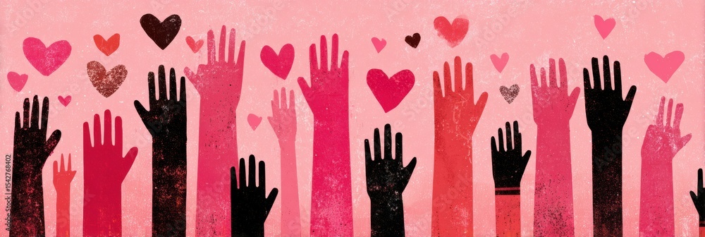 Poster support network illustrated through hands and hearts showcasing care and unity in community settings
