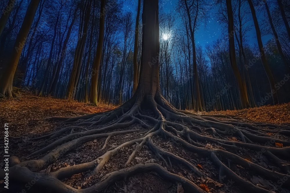 Aufkleber mysterious tree roots illuminated by moonlight in a quiet forest at night, passing tree roots in the