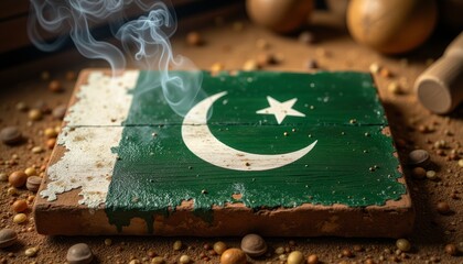 Painted Pakistan flag on wooden board with rustic background and smoke  
