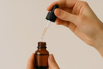 Hand holding dropper above serum bottle
