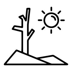 Outline style image depicts a barren, skeletal tree on dry, cracked ground under a bright sun, denoting drought, desertification, extremely arid conditions. Related to climate change, water scarcity