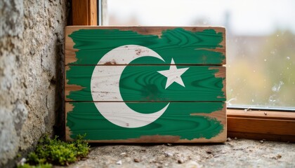 Painted Pakistan flag displayed on rustic wooden board near window  