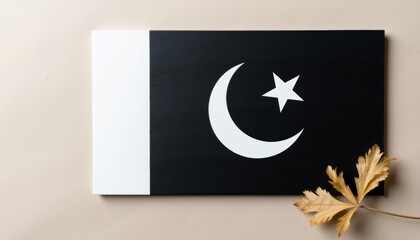Painted Pakistan flag on wooden board with autumn leaf decoration  