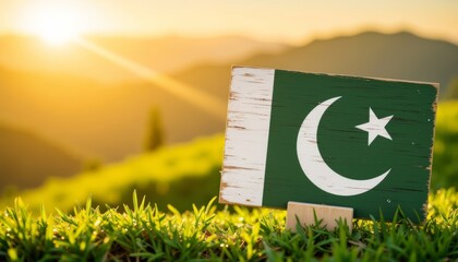 Painted Pakistan flag on wooden board against sunset in nature  
