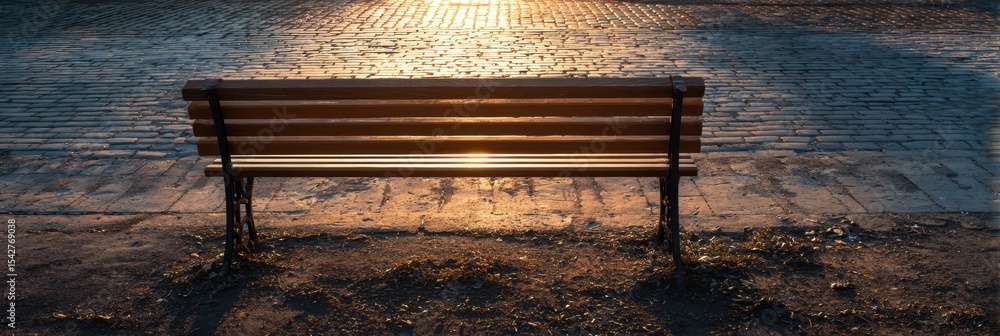 Poster empty bench basking in warm sunset light evokes bittersweet emotions in a tranquil setting