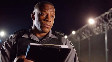 Stern uniformed border patrol officer inspecting documents at night checkpoint, security and immigration control concept for law enforcement and customs authority.