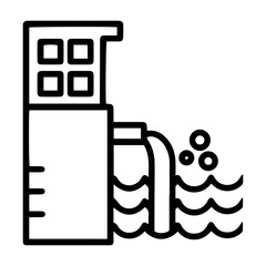 Outline style image depicts a large building or factory with a pipe discharging liquid and bubbles into a body of water, symbolizing wastewater, industrial sewage pollution, or a drainage system