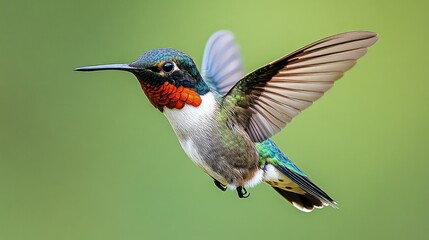 Fototapeta premium Hummingbird, wings spread, hovering against blurred green