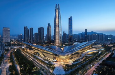 Obraz premium Modern cityscape at twilight, featuring a striking, petal-shaped architectural marvel
