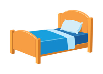 Isometric illustration of single bed with a pillow and blue blanket