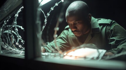 Stern uniformed border patrol officer inspecting documents at night checkpoint, security and immigration control concept for law enforcement and customs authority.
