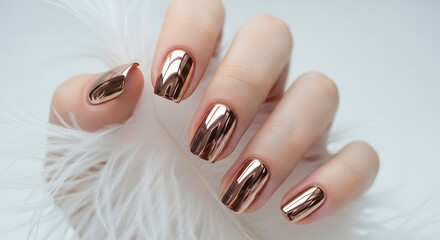 Elegant chrome bronze manicure with a metallic finish and soft white feather