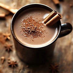 Warm Cocoa Delight: A steaming cup of rich cocoa, adorned with a cinnamon stick and delicate cocoa powder, beckons with its comforting warmth and irresistible aroma.